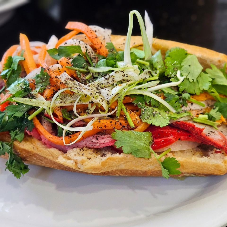 Vietnamese bánh mì sandwich filled with meat, pickled carrots, peppers, cucumber, onions, and fresh cilantro on a white plate.