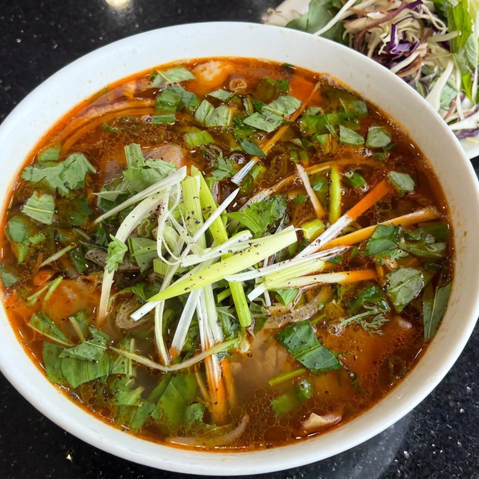 Bowl of Vietnamese pho in rich broth topped with herbs, scallions, and vegetables, served with fresh bean sprouts and lime.