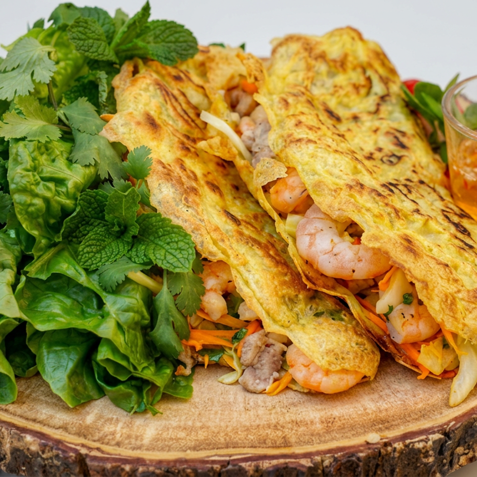 Golden Vietnamese-style crepes filled with shrimp and vegetables, served with fresh herbs, lettuce, and chili dipping sauce.