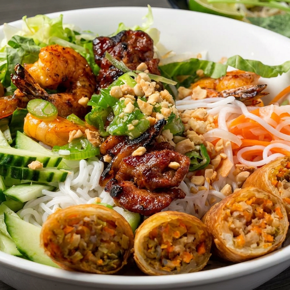 Vietnamese vermicelli bowl with grilled shrimp, pork, spring rolls, fresh vegetables, herbs, and crushed peanuts.