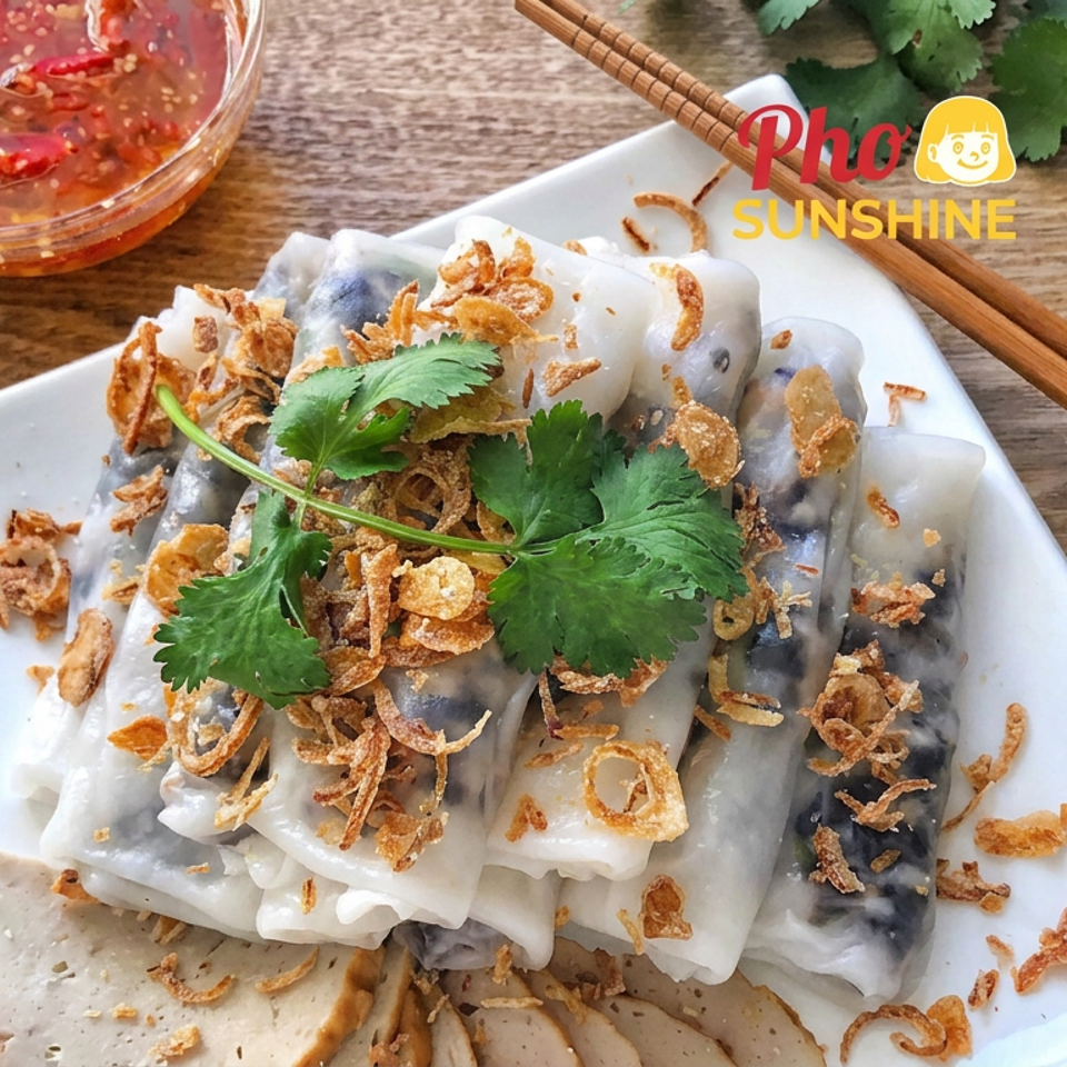 Vietnamese rice rolls topped with fried shallots and cilantro, served with sliced pork sausage, chili dipping sauce, and chopsticks.