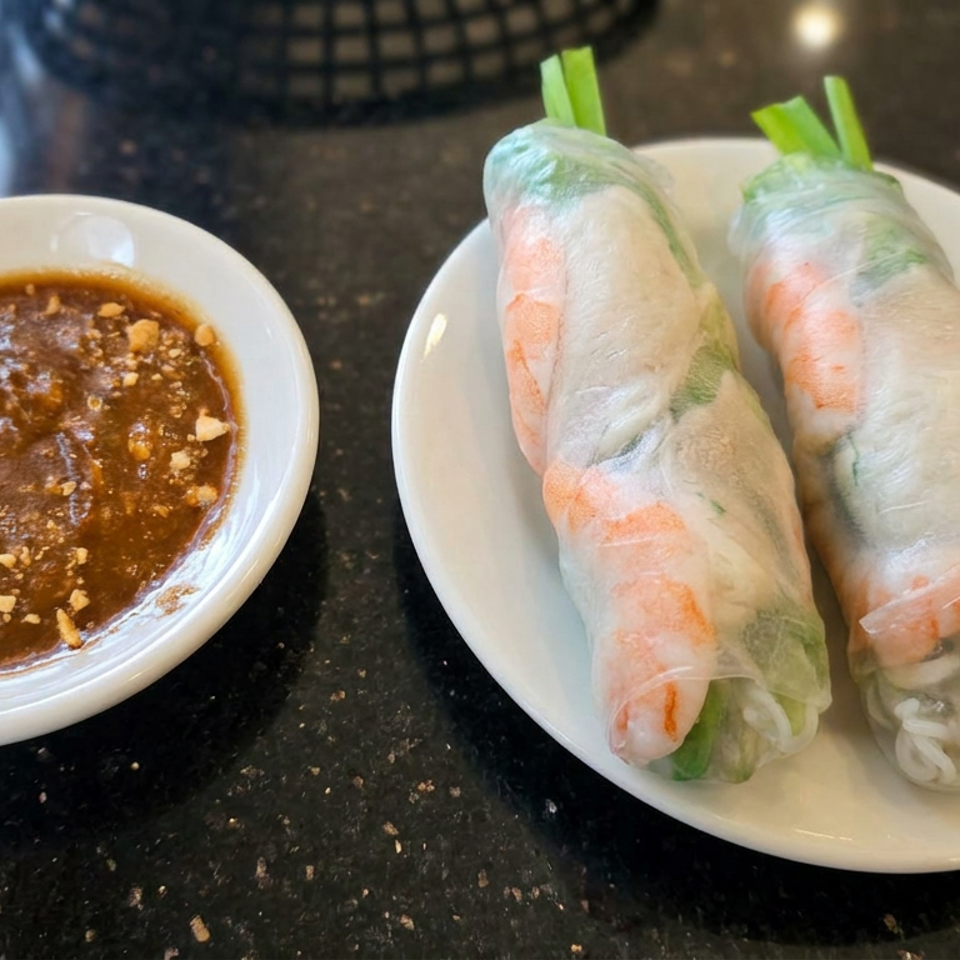 Two shrimp spring rolls with vegetables and noodles served alongside peanut dipping sauce on white plates.